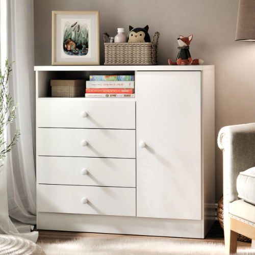 Cômoda Organizadora Petit Com 4 Gavetas 1 Porta E Nicho Para Quarto Blue Moby - Cor Branco