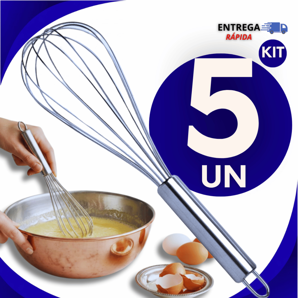KIT 05 Peças Batedor de Ovos Bate Claras Fouet Fue Aço Inox 30CM Casa Cozinha Utilidades Premium