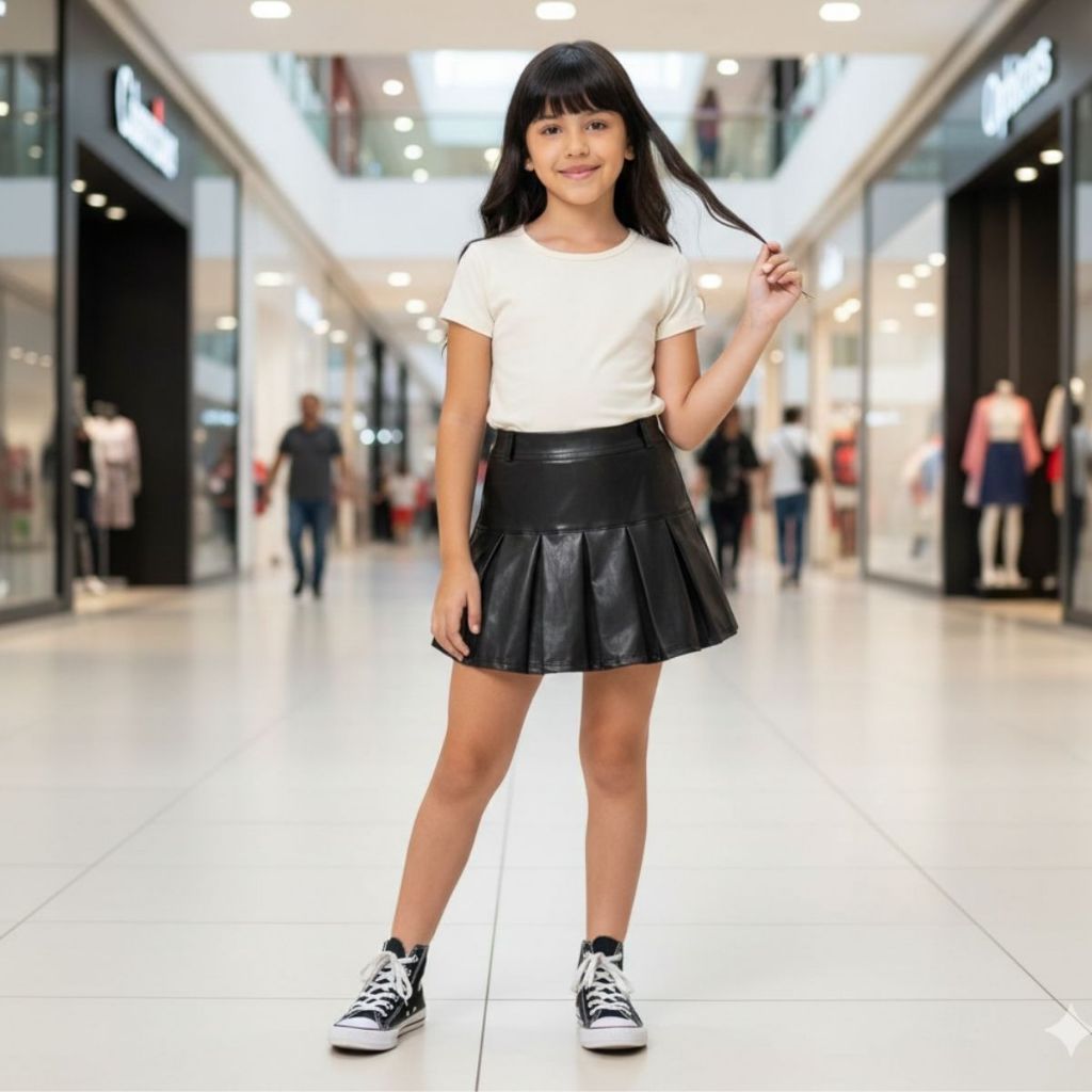 Short Saia Infantil Couro Fake Mini Diva Menina
