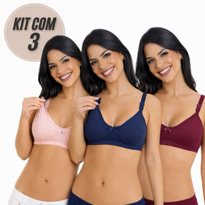 Kit 3 Sutiã de Amamentação Com Alça Reforçada e Fecho Abre Fácil Pós Parto Gestante Conforto  Lingerie