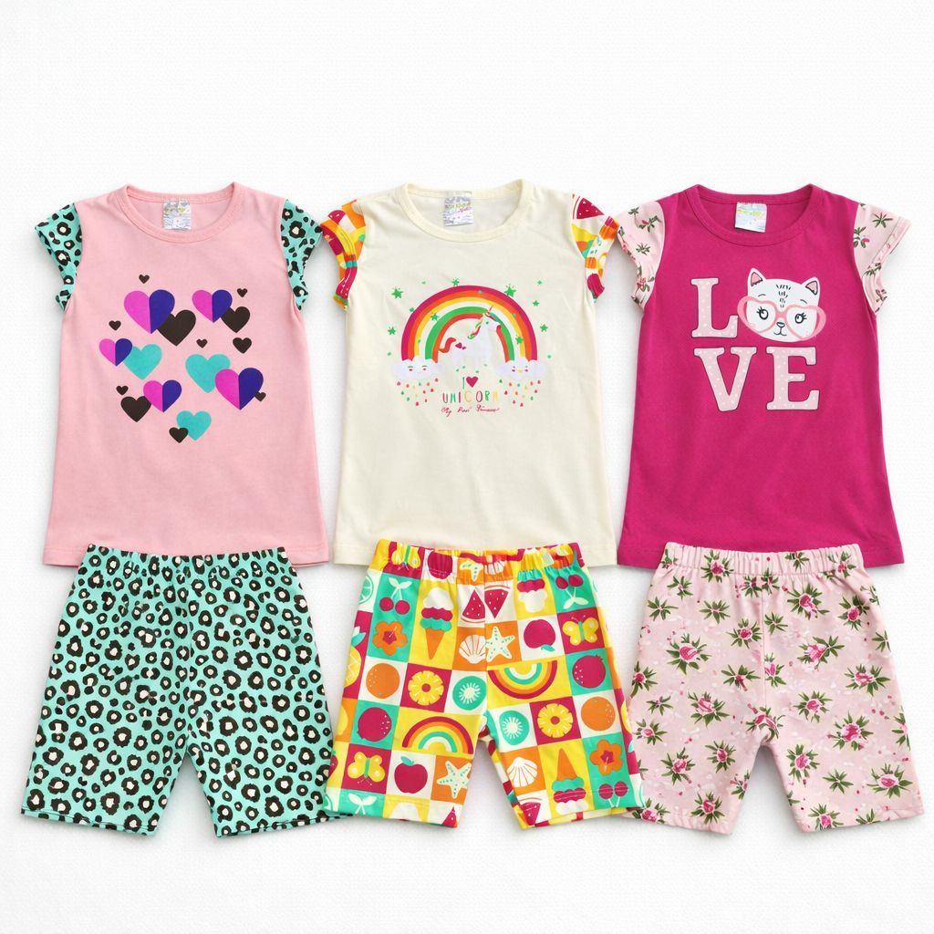 Conjunto Infantil Feminino Verão Manga Chinesa – Blusa + Short Estampados | 2 ao 10 | REF 2424
