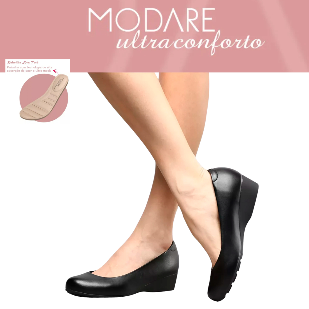 Sapato Feminino Modare UltraConforto Anabela Macio Trabalho Preto Ortopédico Joanete Original