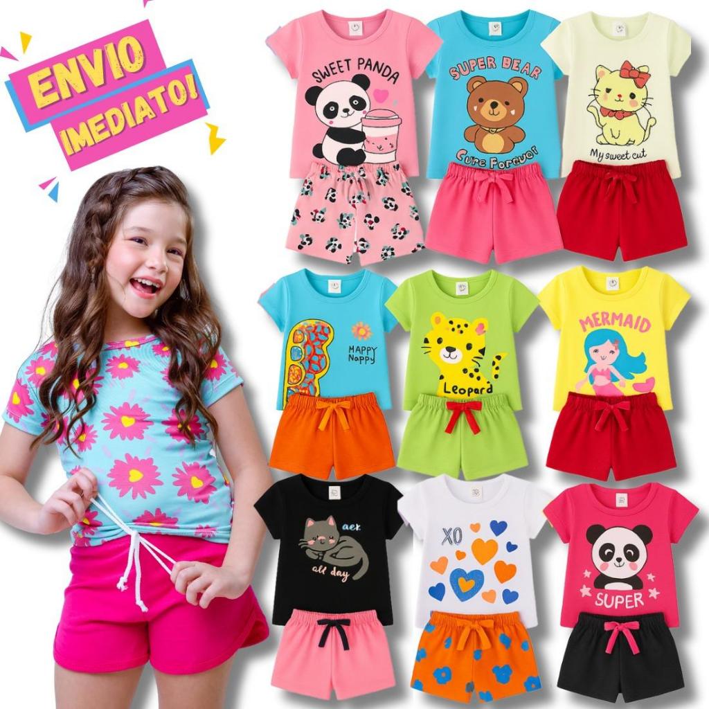 Kit 08 06 04 Peças Roupa Conjuntos Infantil Menina de Algodão Verão Bebê