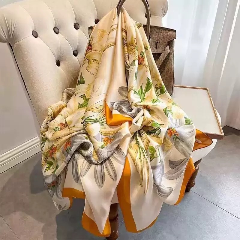 XH, Xale/Lenço Feminino Elegante, Tecido de Cetim de Seda, Estampa Floral de Lírios Laranja, 90x180cm