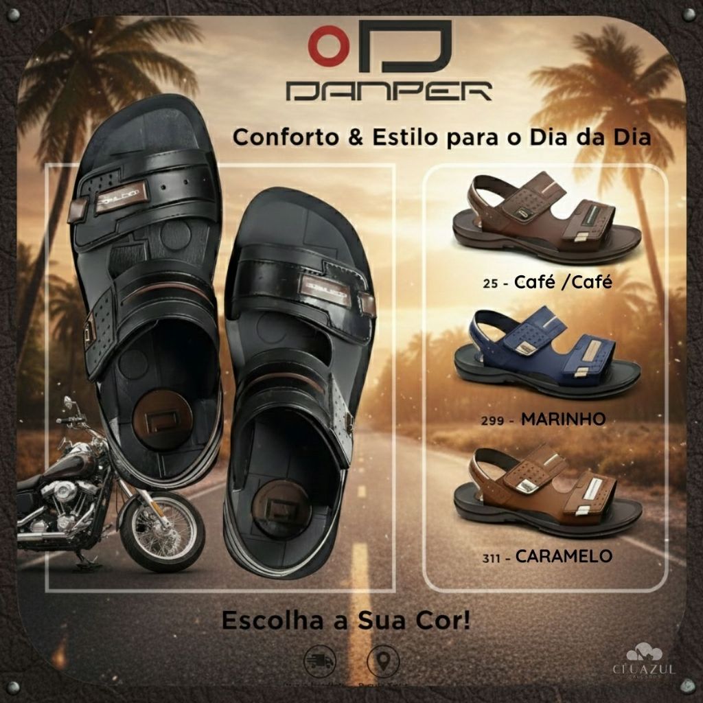 Sandália Masculina Danper Original Confortável Solado Borracha Velcro Motoqueiro Dia a Dia