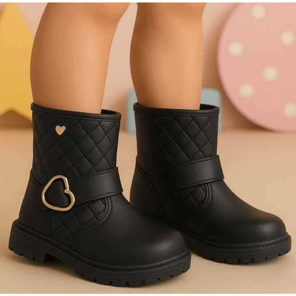 Bota Coturno Infantil Confortável Leve Para o Inverno Meninas Detalhe em Coração Delicada