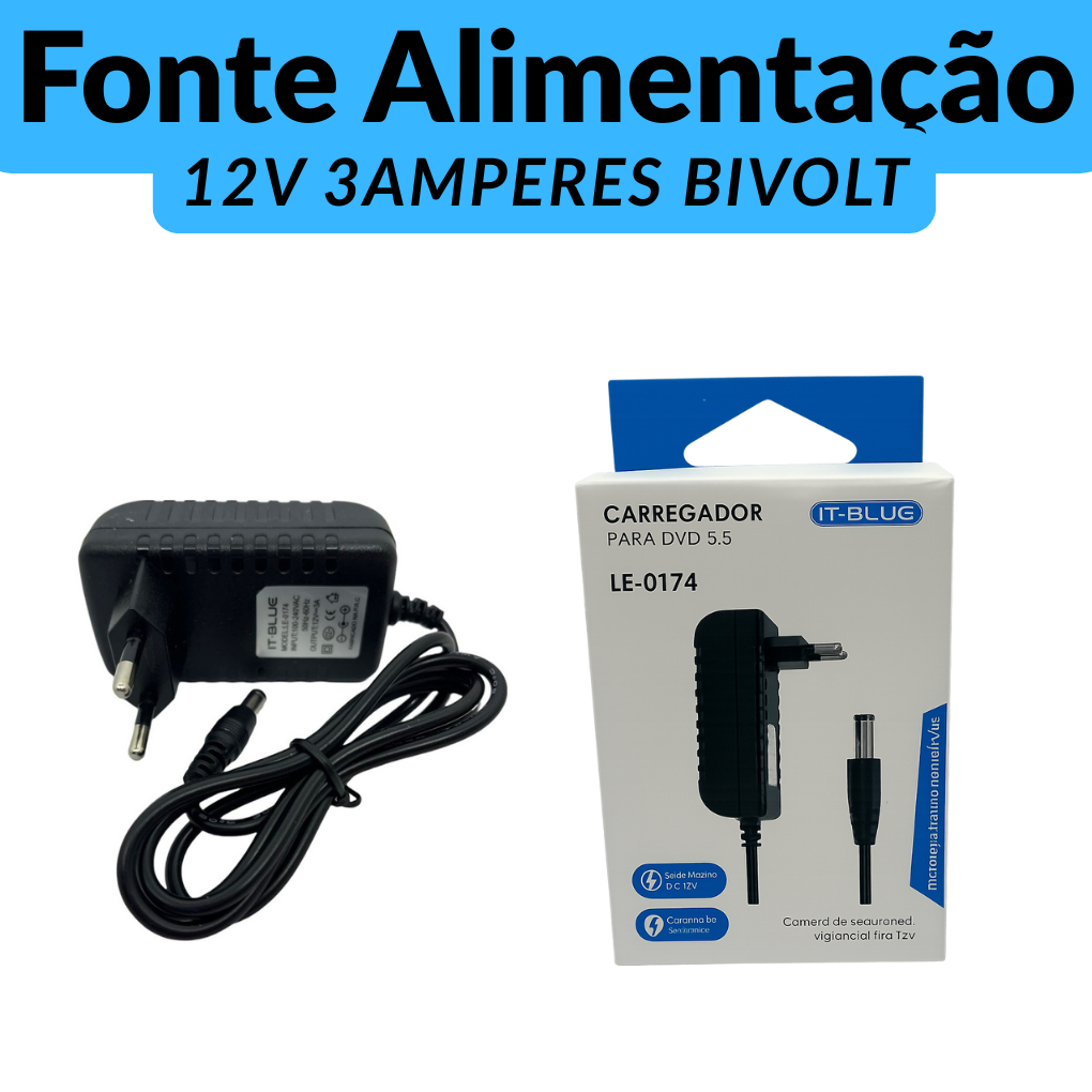 Fonte Carregador 12V 3A - Fita Led Camera de Segurança CFTV