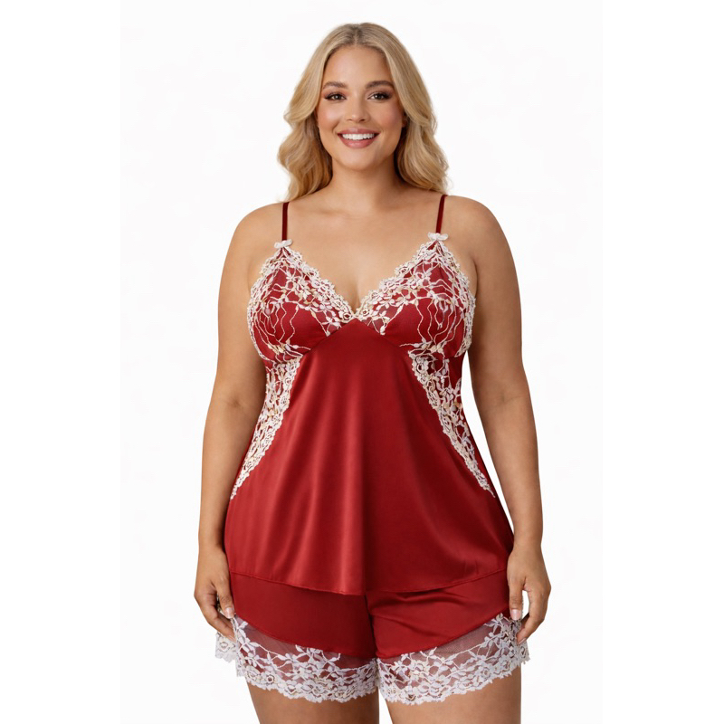 Baby Doll Suede e Plus Size Bicolor Renda Pijama Feminino