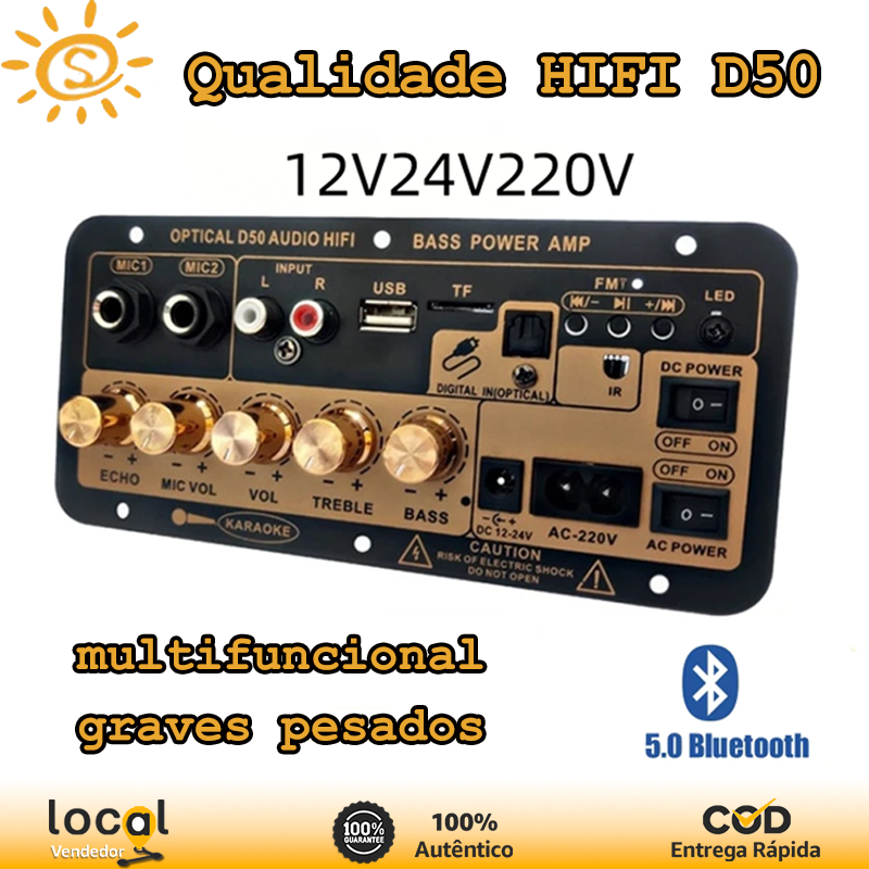 Amplificador de entrada de fibra 12V24V220V Digital   D50 Placa amplificadora Subwoofer Karaokê