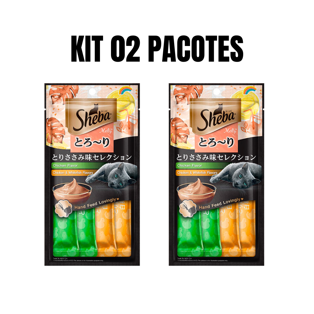 Churu Snack Sheba Cremoso Frango e peixe para Gatos kit 02 e kit 06 pacotes com 4 tubetes de 12 gramas Total 08 UN