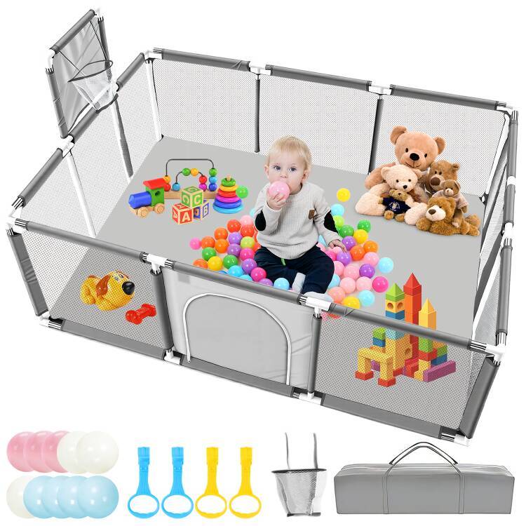 Cercadinho De Bebe Playpen 180*150*68cm+bola Oceânicas+bolsa Cinza Tecido Oxford 210d