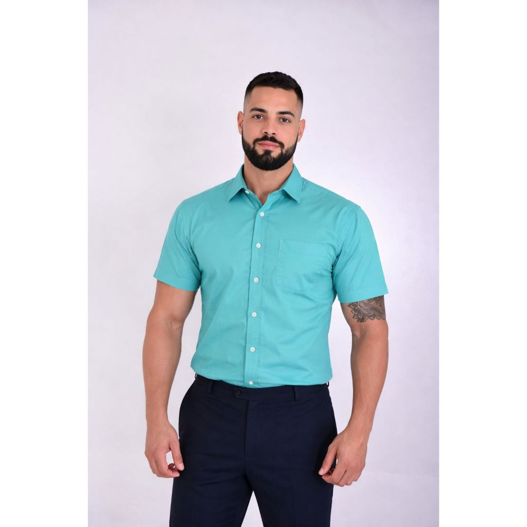 Blusa de Botão Social Slim Manga Curta Com Bolso Masculina Envio Rapido Promoção Barata