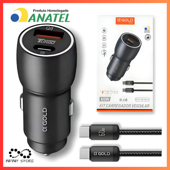 Kit Carregador Veícular Turbo 60W PD + USB-C Com Cabo Tipo-C/Tipo-C/Lightning Compatível Com Android e iPhone