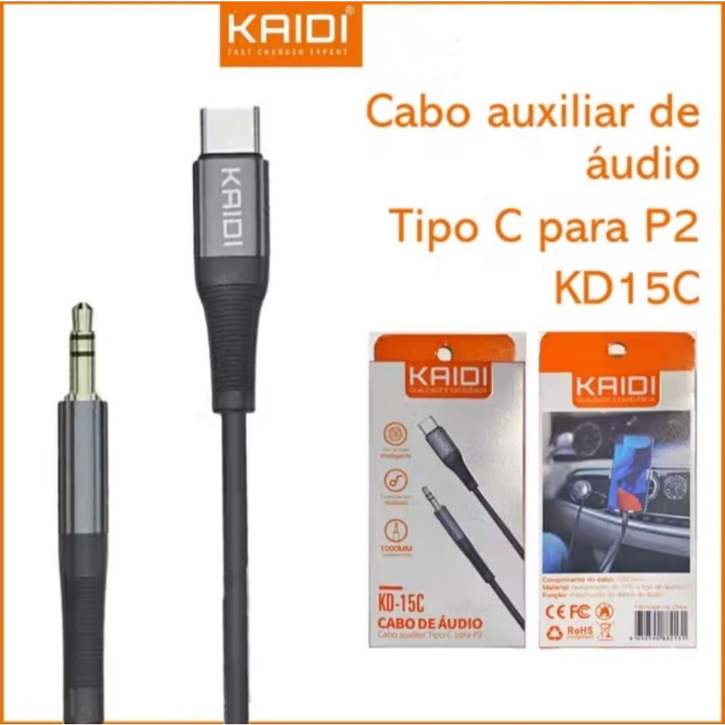 Cabo Auxiliar Tipo C Para P2 Áudio 3.5mm KAIDI KD-15C