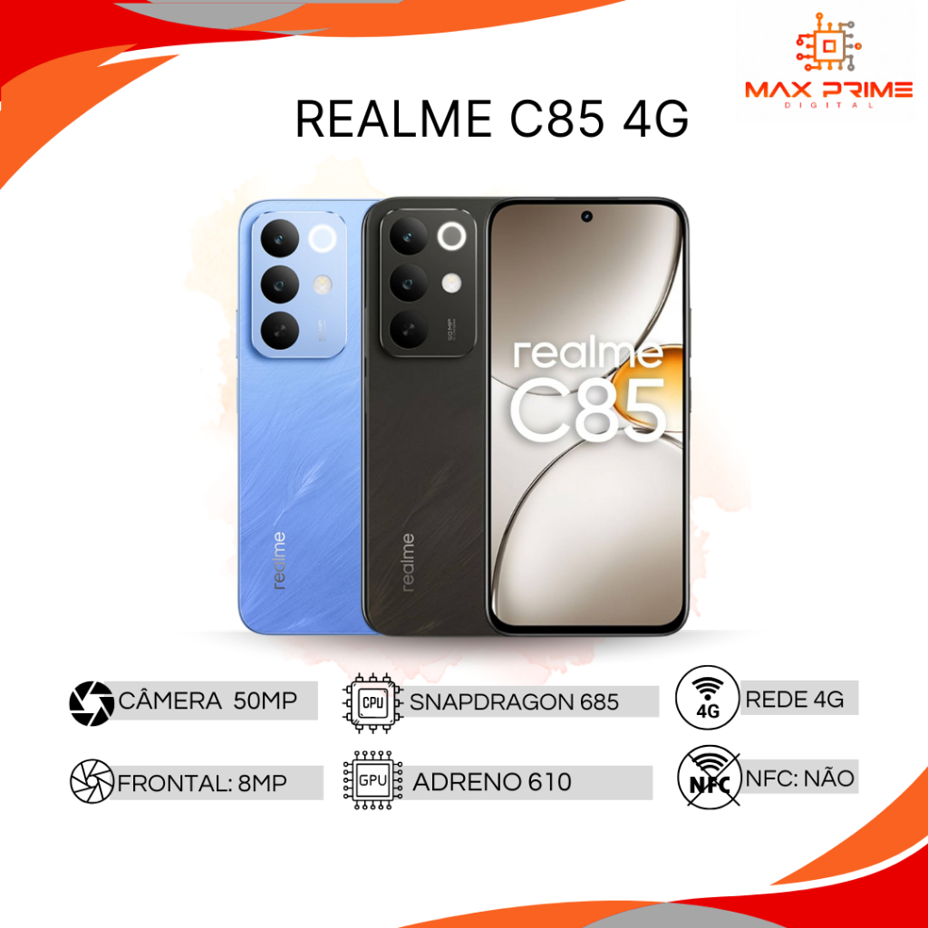 Realme C85 4G,Câmera 50MP, Bateria 7000mAh, 128-256GB / 6-8GB RAM, Processador Qualcomm Snapdragon 685, Versão Global