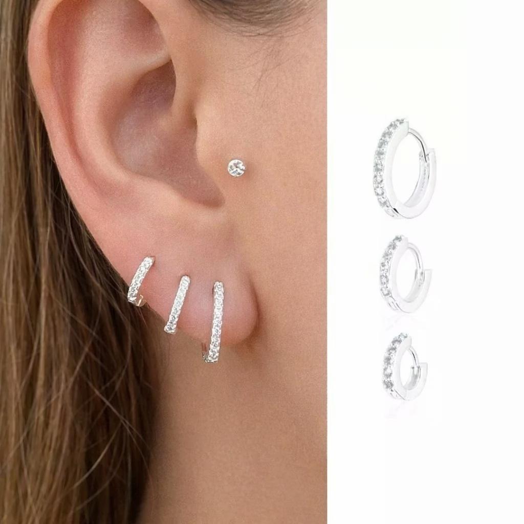 Trio de brinco argola prata 925, cravejado, liso, fino zirconia