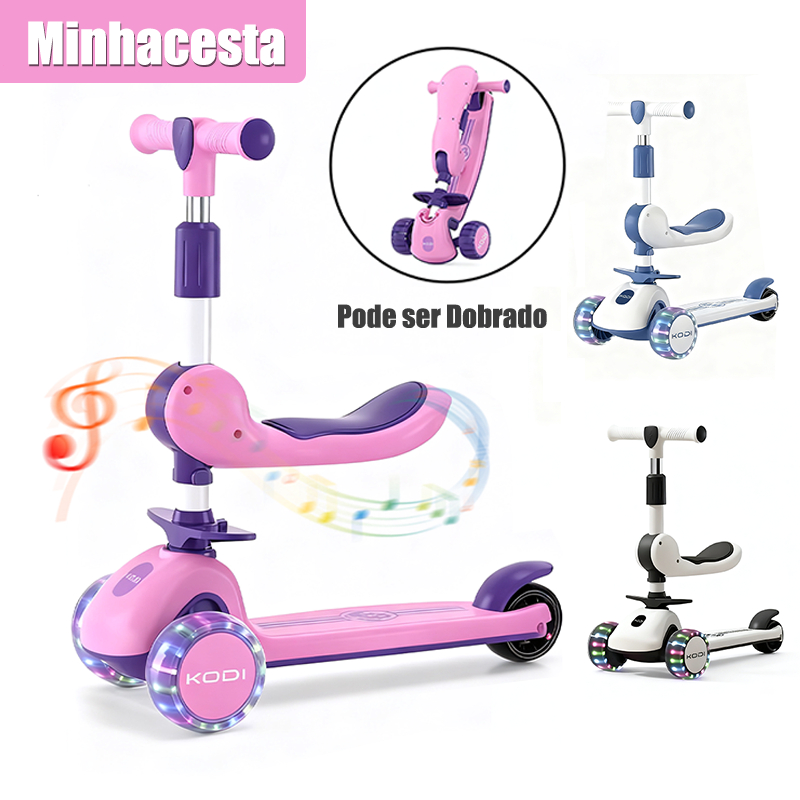Patinete Infantil Musical 3 Rodas De Led Dobrável e Guidão Ajustável até 60Kg Menino Menina P15
