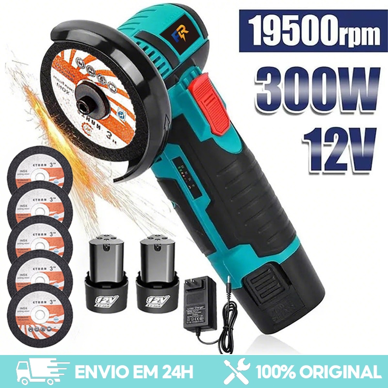 Mini Esmerilhadeira Angular Sem Fio 12V com 2 Baterias e 5 Discos