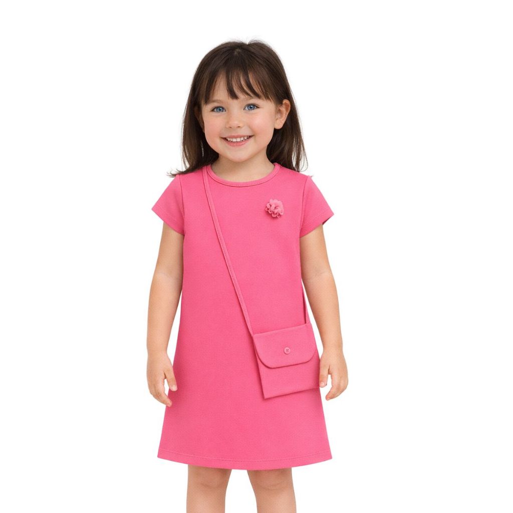 Vestido + Bolsa Infantil Menina Verão Básico Confortável Cotton Manga Curta