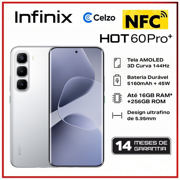 Smartphone Infinix Hot 60 Pro+ NFC Tela 6.78'' 8GB+256GB, Prata Titânio