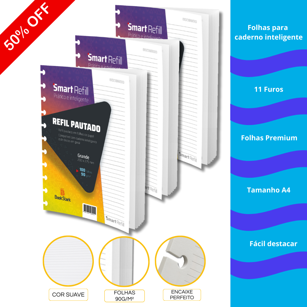 Refil Compativel Caderno 11 Discos Tipo Inteligente Grande 200x275mm 200fls KIT com 2 unidades