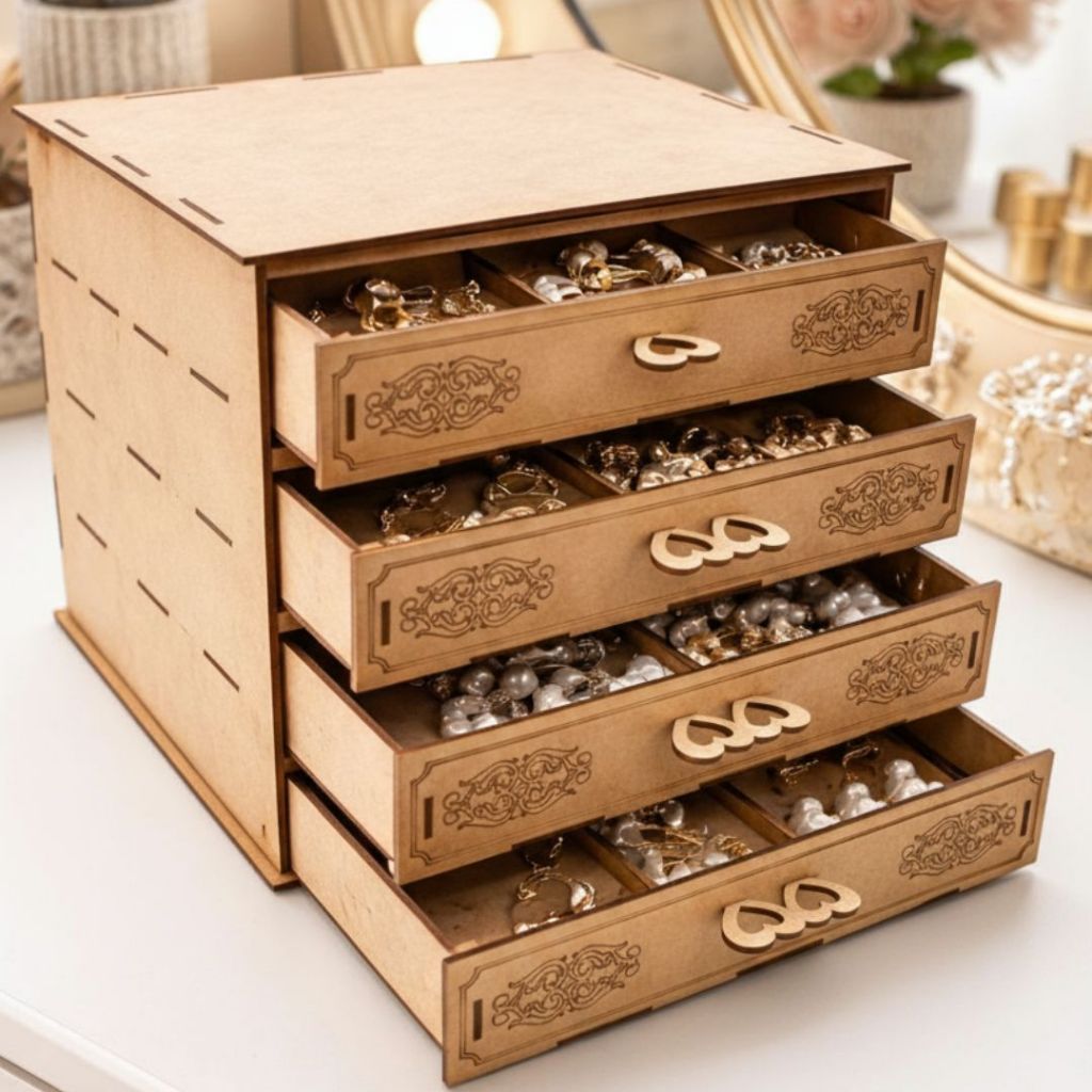 Porta Joia Organizador 4 Gavetas MDF Detalhes Delicado