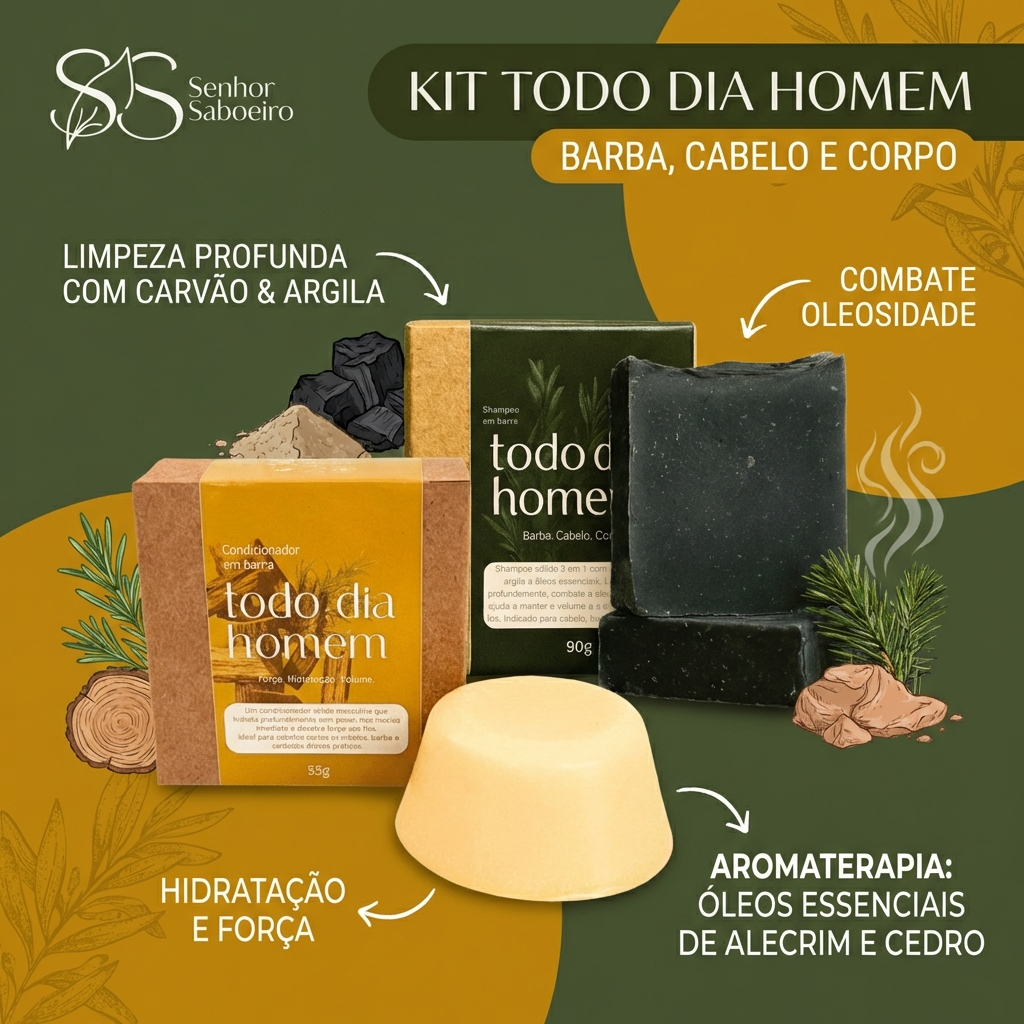 Kit Todo Dia Homem: Shampoo 3 em 1 + Condicionador Sólido Masculino - Anticaspa Volume Hidratação - Cabelo Barba Corpo
