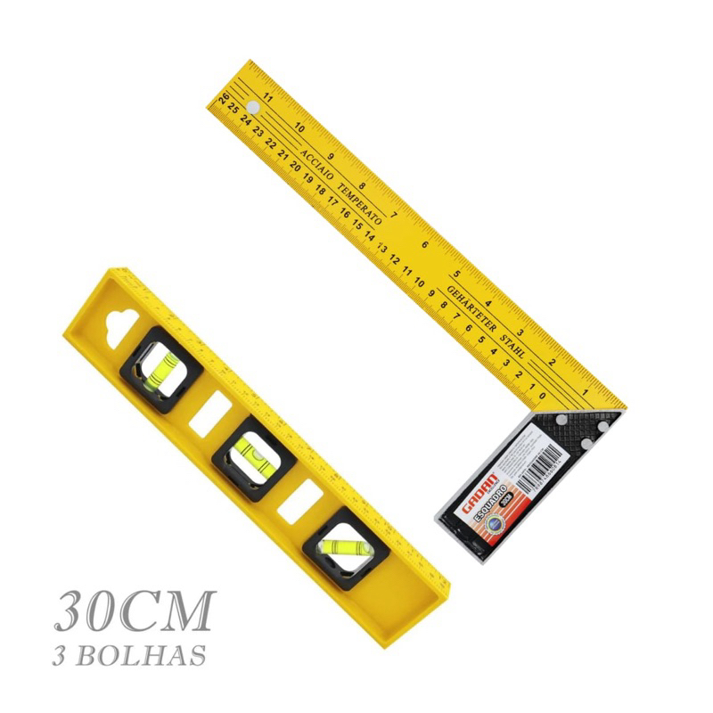 Nível com 3 Bolhas + Esquadro Profissional 30cm ou 40cm | Kit ou Unitário | Construção e Marcenaria