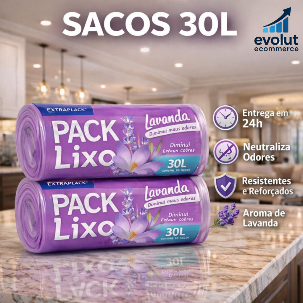 kit 2 Pack Sacos de Lixos Perfumados - Lavanda 30 Litros Neutraliza Odores - 59x62