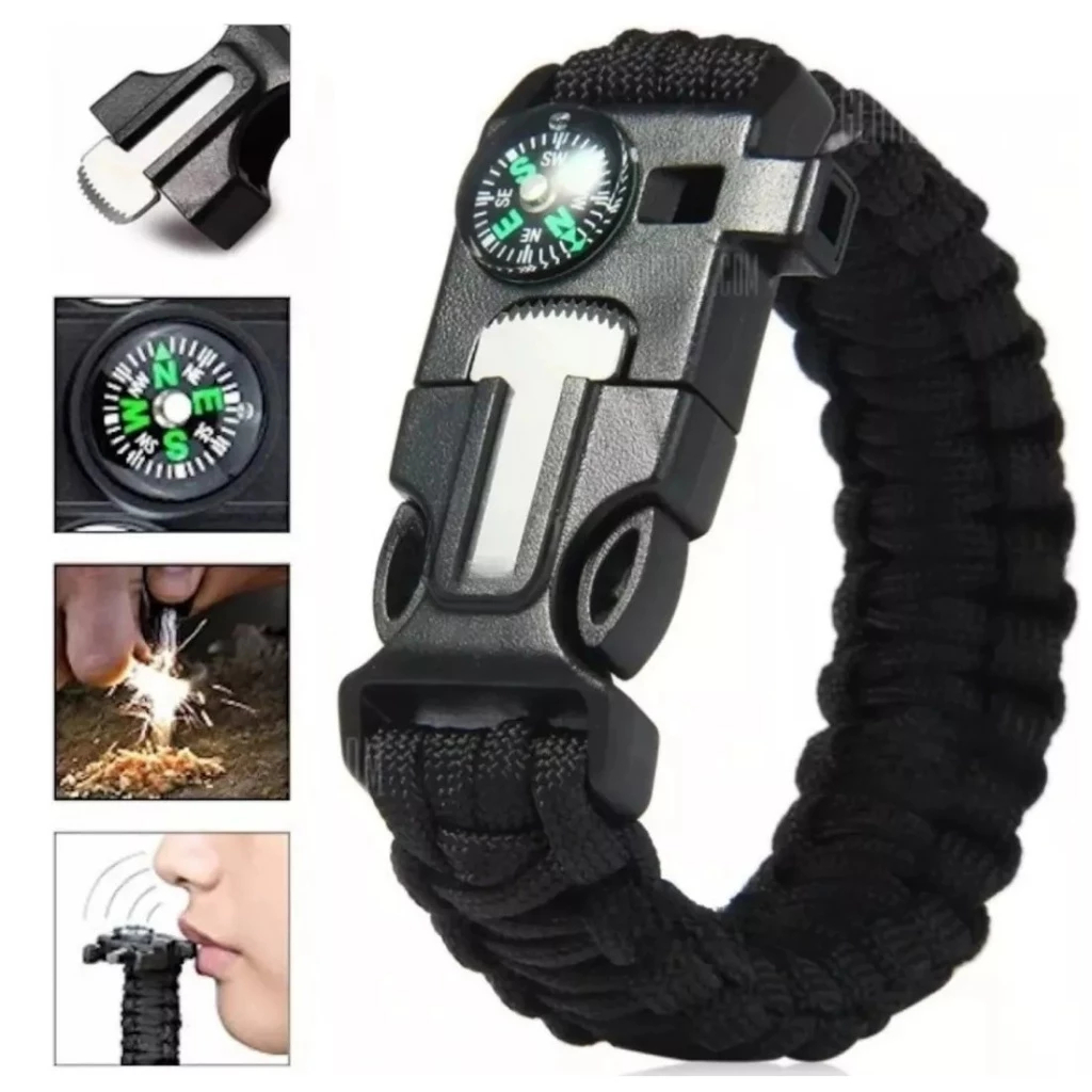 Bracelete de Sobrevivência Paracord com Pederneira, Magnésio, Apito e Bússola – Camping, Trilha e Emergência