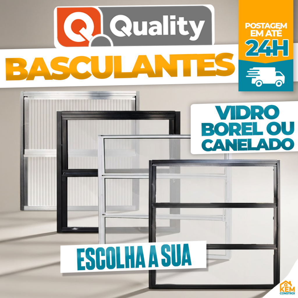 Janela Vitro Basculante Alumínio Branco, Preto ou Natural 40x40 a 60x60 Vidro Boreal ou Canelado