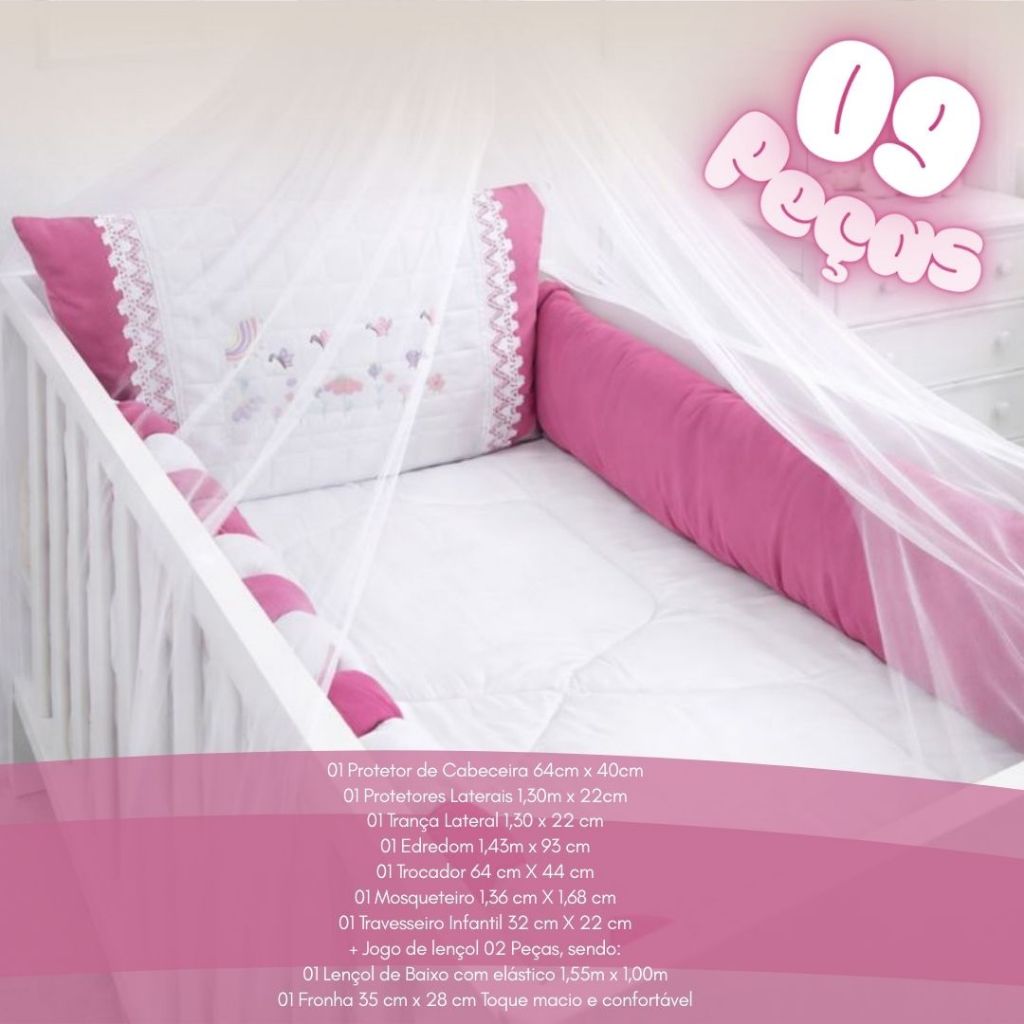 Kit De Berço Completo Americano ou Nacional Menina - Antialérgico - 100% Poliéster - Pink, Rosa, Rosê, Lilás.