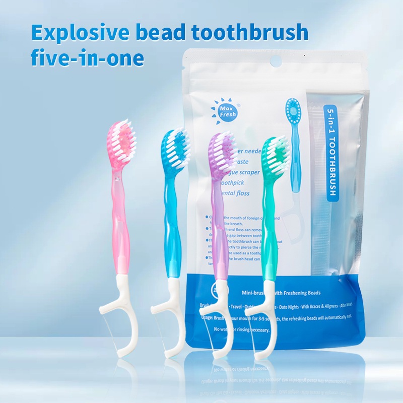 Escova de Dentes de Viagem Descartável 4 em 1 com Pasta em Grânulos e Fio Dental – Kit com 12 Unidades
