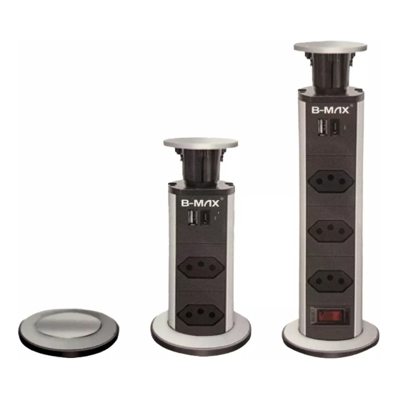 Torre Tomada de Embutir Multiplug 3 Entradas Retrátil Mesa Bancada USB + TIPO C BIVOLT