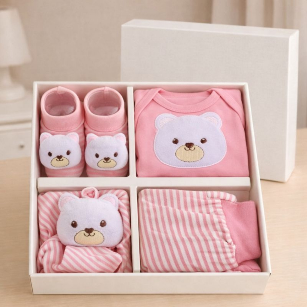 Presente Bebê Recém Nascido 4 Peças Body Manga Curta Calça Naninha E Meia Pantufa Bichinho 3D