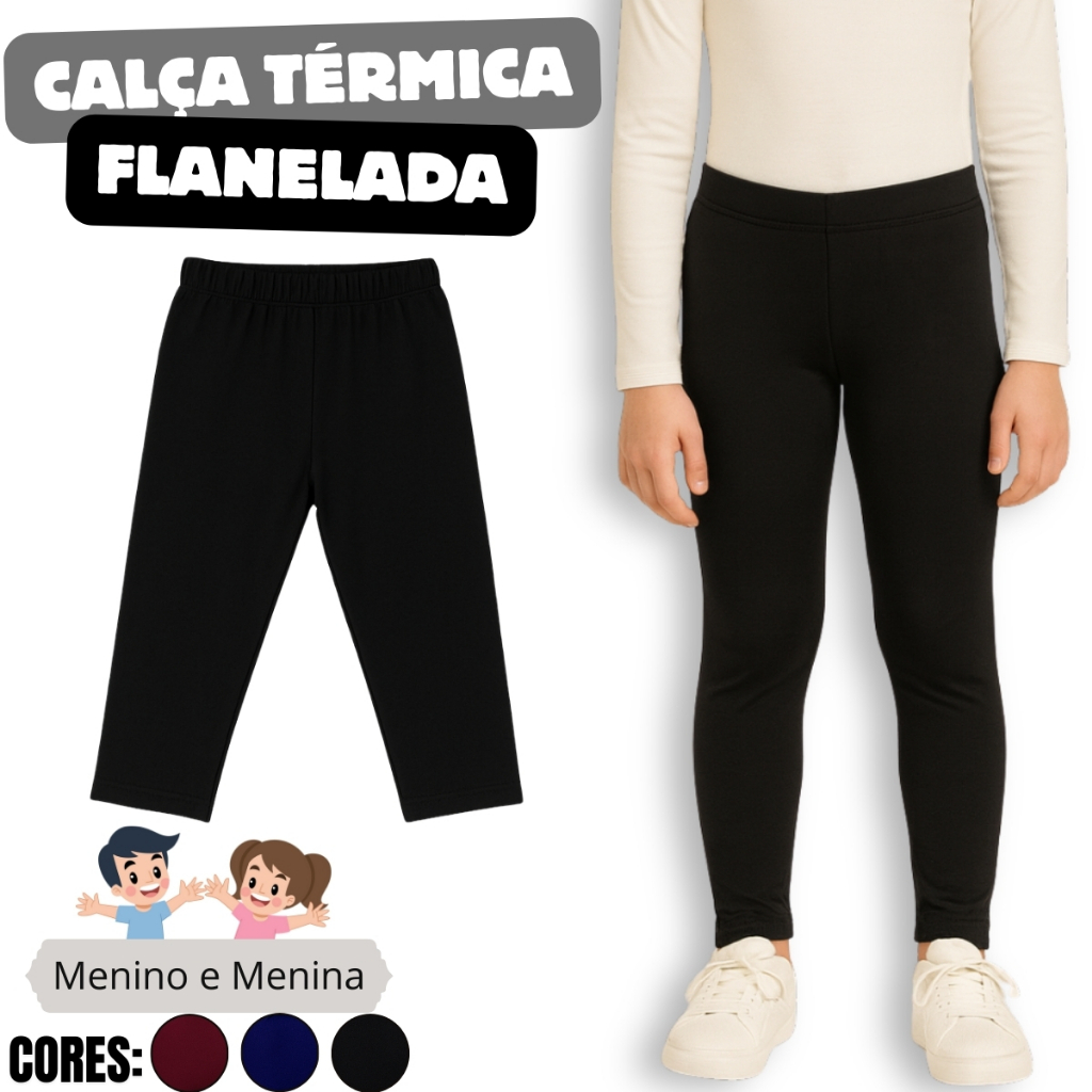 Legging infantil em malha térmica flanelada, quentinha e confortável. cores preto, marinho e bordô