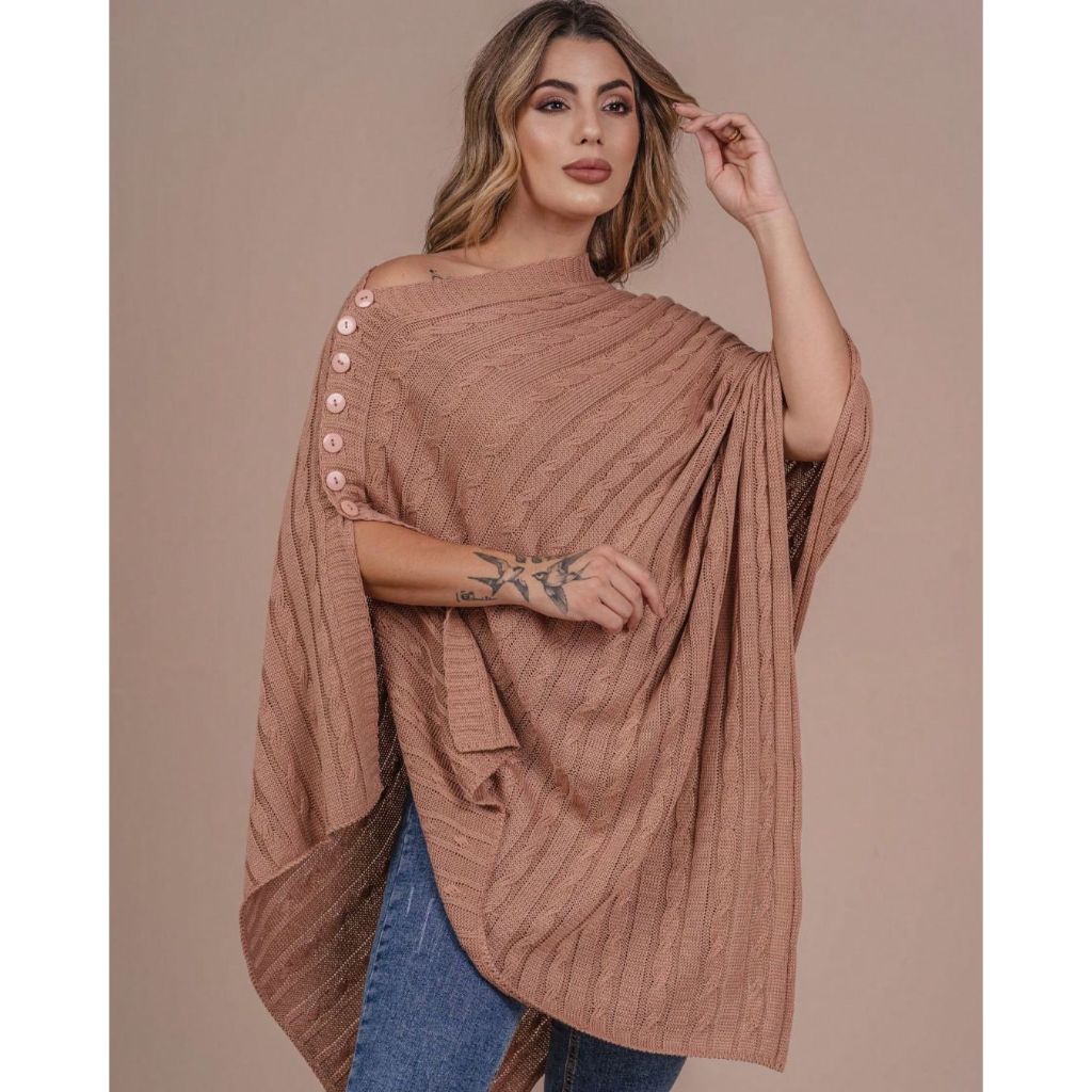 Poncho Feminino Blusa Bata Capa Tricot Botões Assimétrico Moda Inverno Frio Casual Noite Tricô