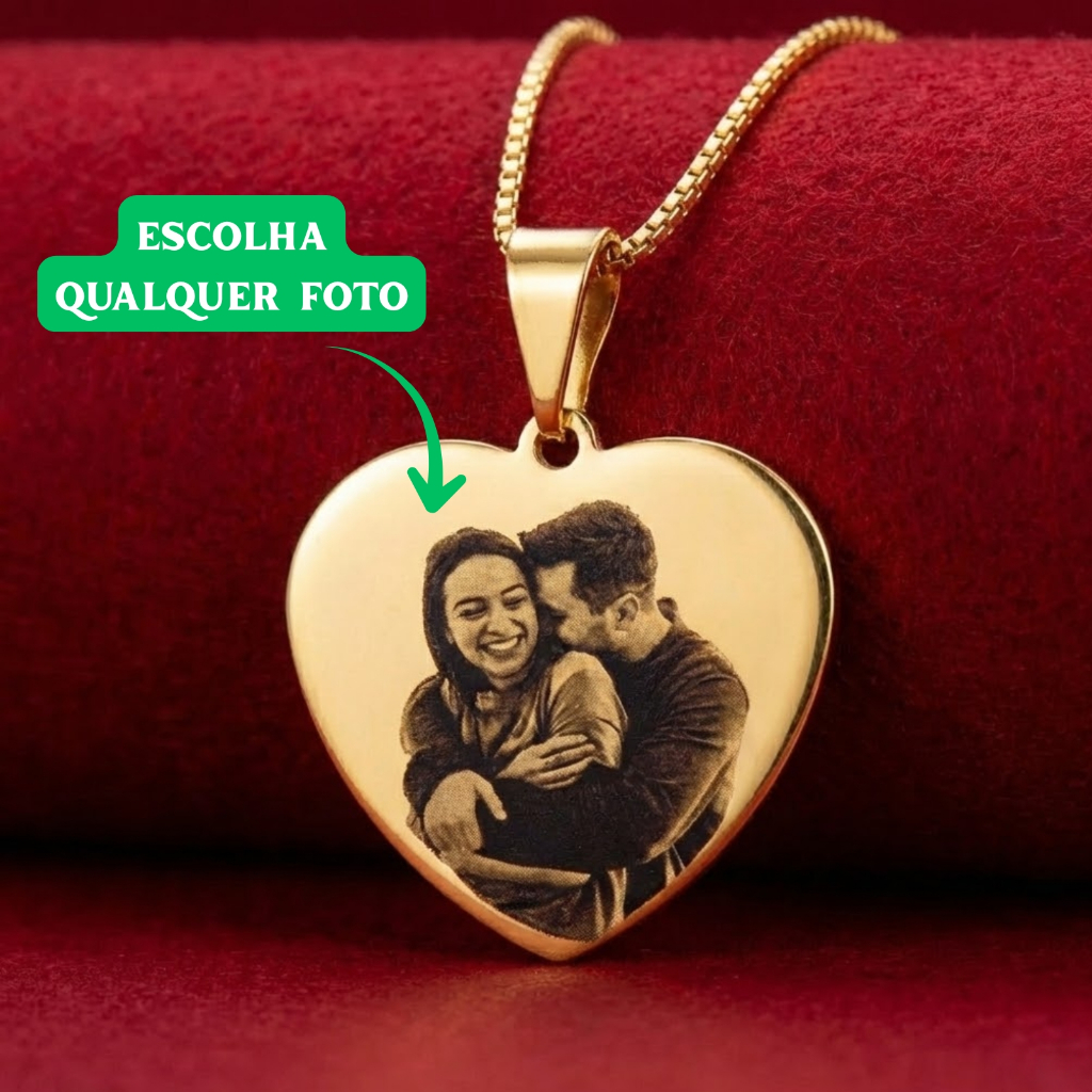 [ SEMI JOIA ] Colar Coração M Personalizado Foto Feminino Família (45cm) Banho Ouro 18k Anti Alérgico Presente Mimo Dia