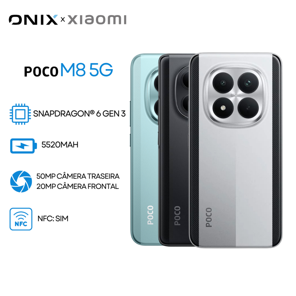 Xiaomi Poco M8 5G, Versão Global, Processador Snapdragon 6 Gen 3, Câmera de 50MP, Bateria 5520mAh, 512/256GB e 8GB RAM