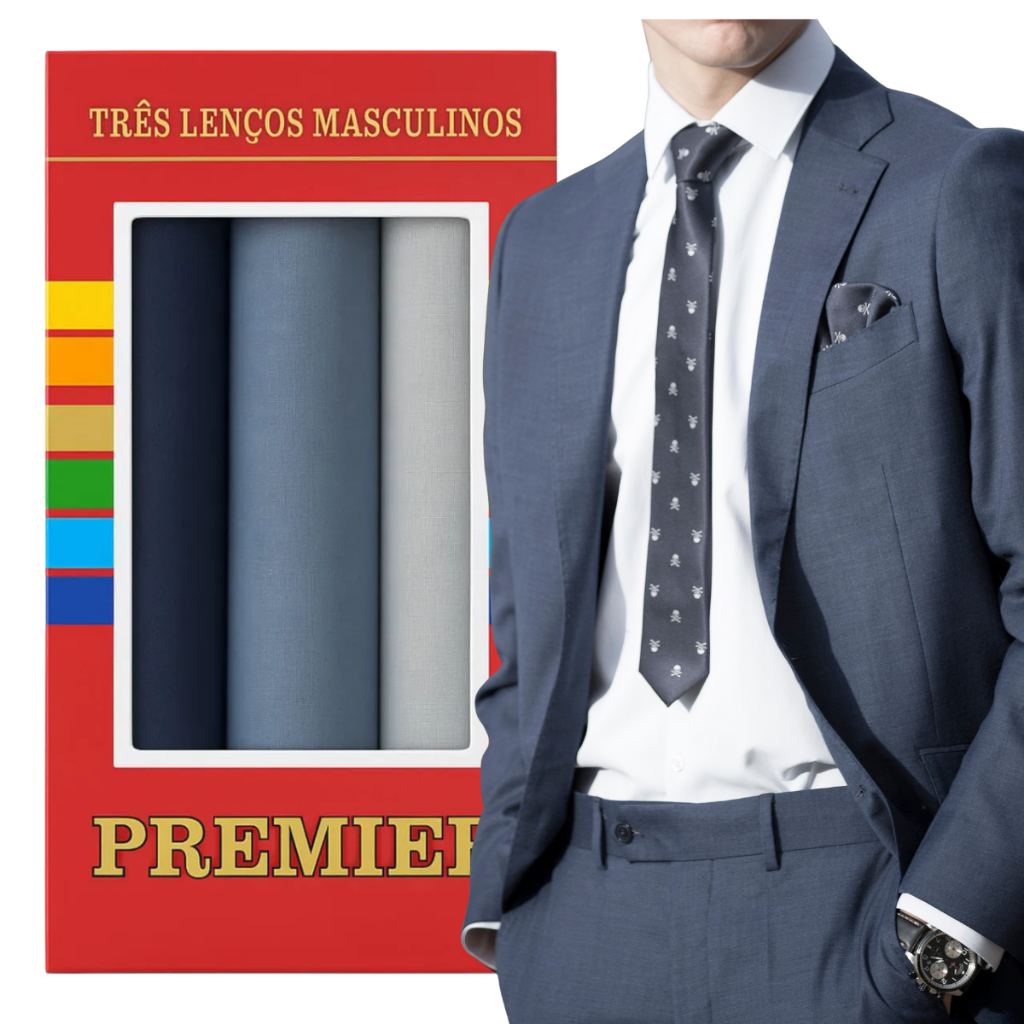 3 Lenço Tecido 100% Algodão Masculino Premier 32 x 32 cm