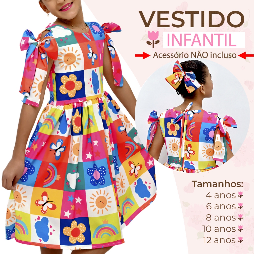 Vestido Infantil/Juvenil Menina Laço Estampado Junino Xadrez Colorido Luxo Delicado Premium Envio Rápido 4 a 12 Anos