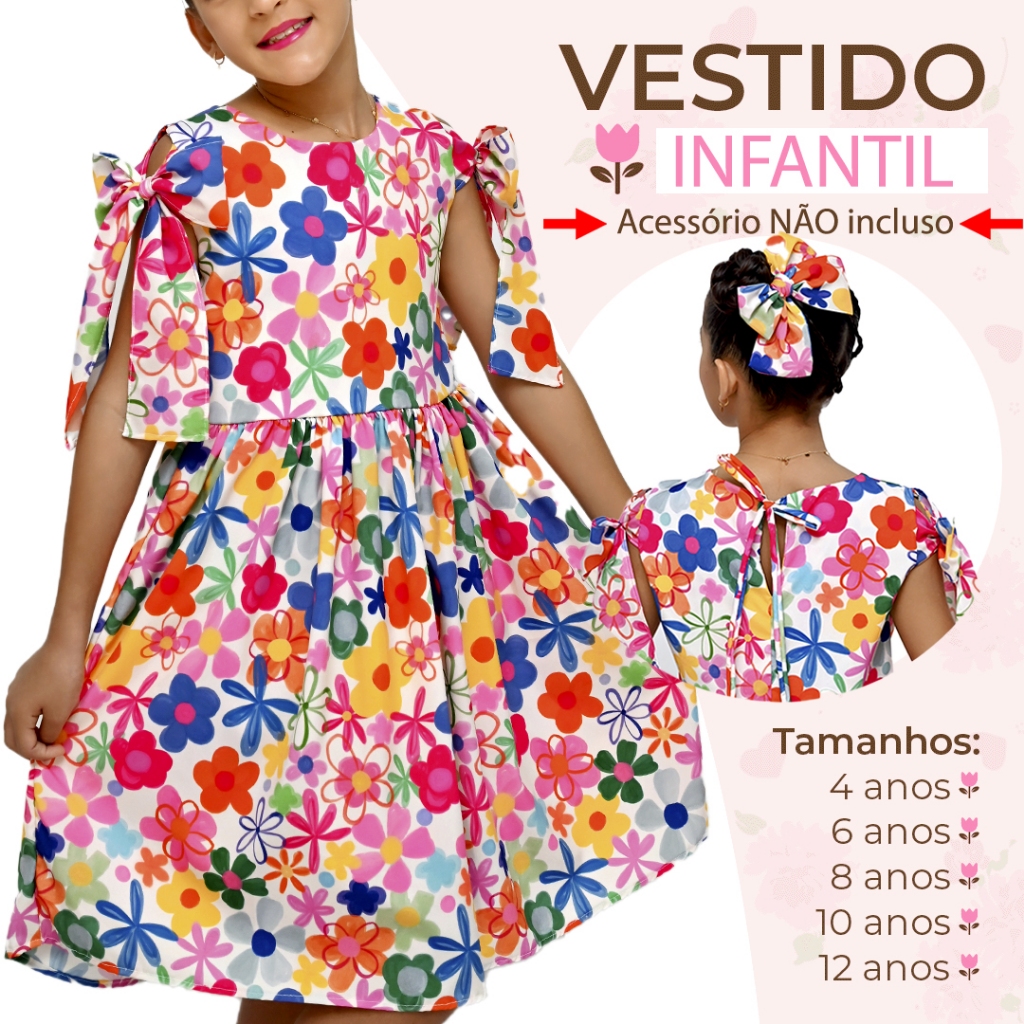 Vestido Infantil/Juvenil  Manga Lç Floral Junino Xadrez Confortável Exclusivo Lançamento 4 a 12 anos