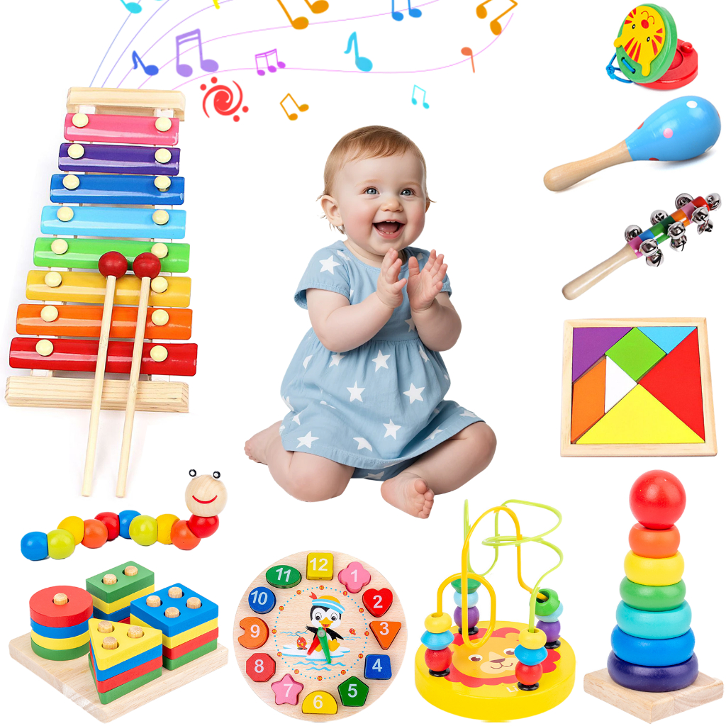 Kit com 10 Instrumentos de Percussão de Madeira - Brinquedos Educativos Montessori