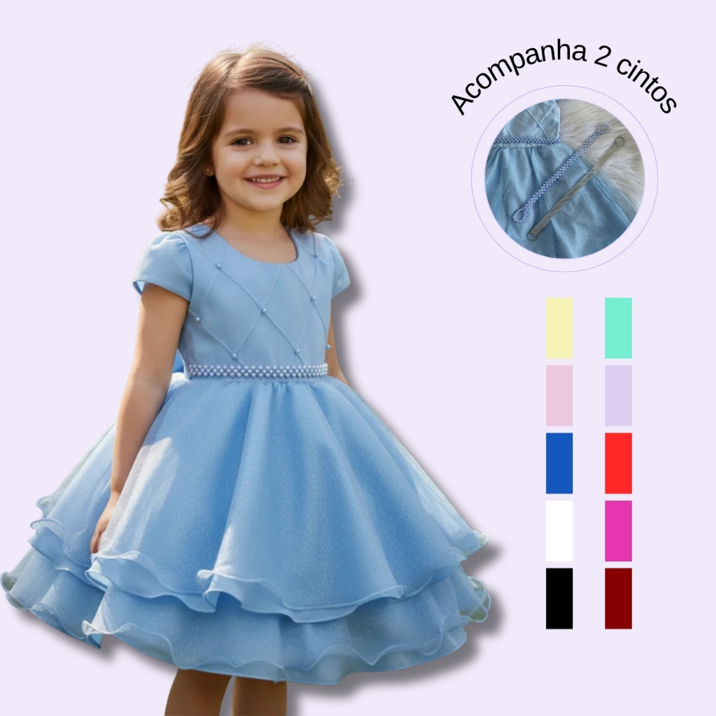 Vestido Infantil Juvenil Princesa Curto Pérola Festa Luxo Saia De Brilho