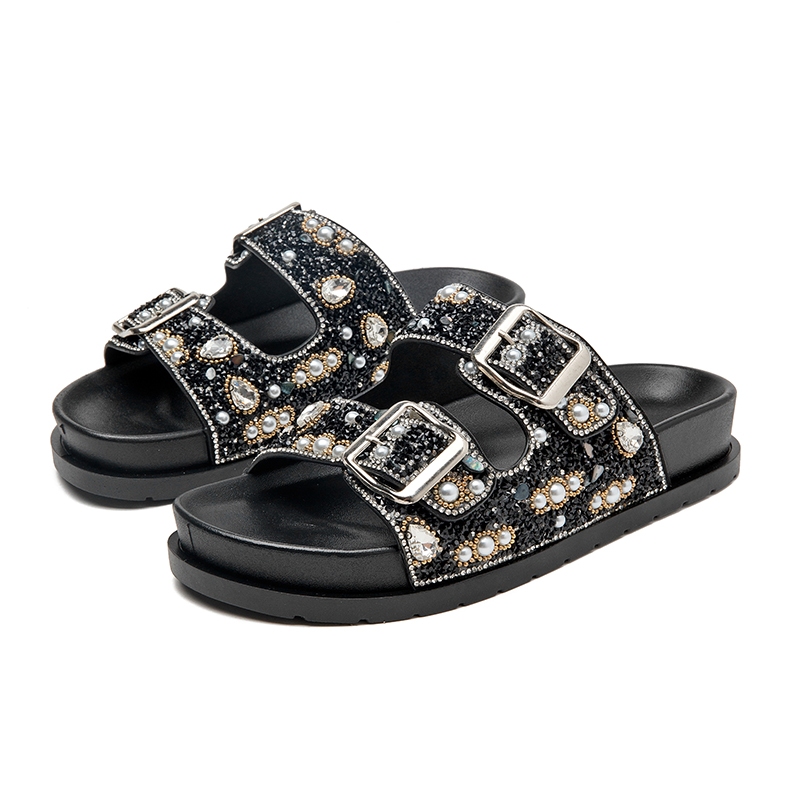 Sandália Feminina com Pérolas de Strass e Fivela Papete Estilo Único e Elegante