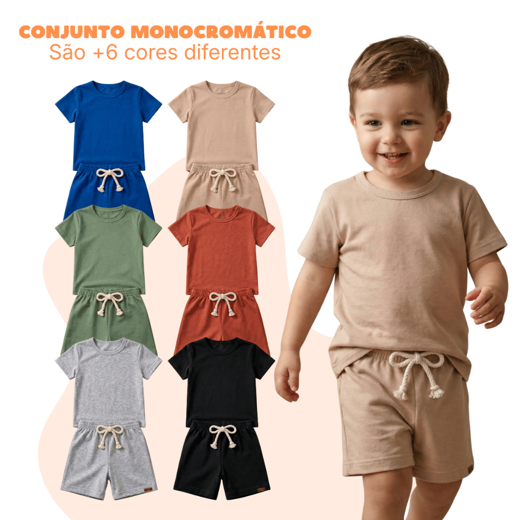 Conjunto Bebe Menino 1 a 10 Anos Conjunto Infantil Monocromático Leve Verão Minimalista