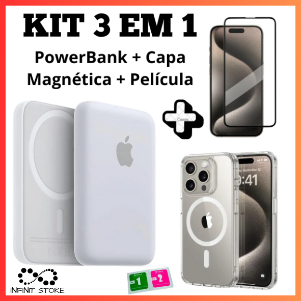 Kit 3 em 1 Portátil PowerBank + Capa Magnética + Película De Vidro Para iPhone 7/8 PLUS XR 11 12 13 14 15 16 17 PRO MAX