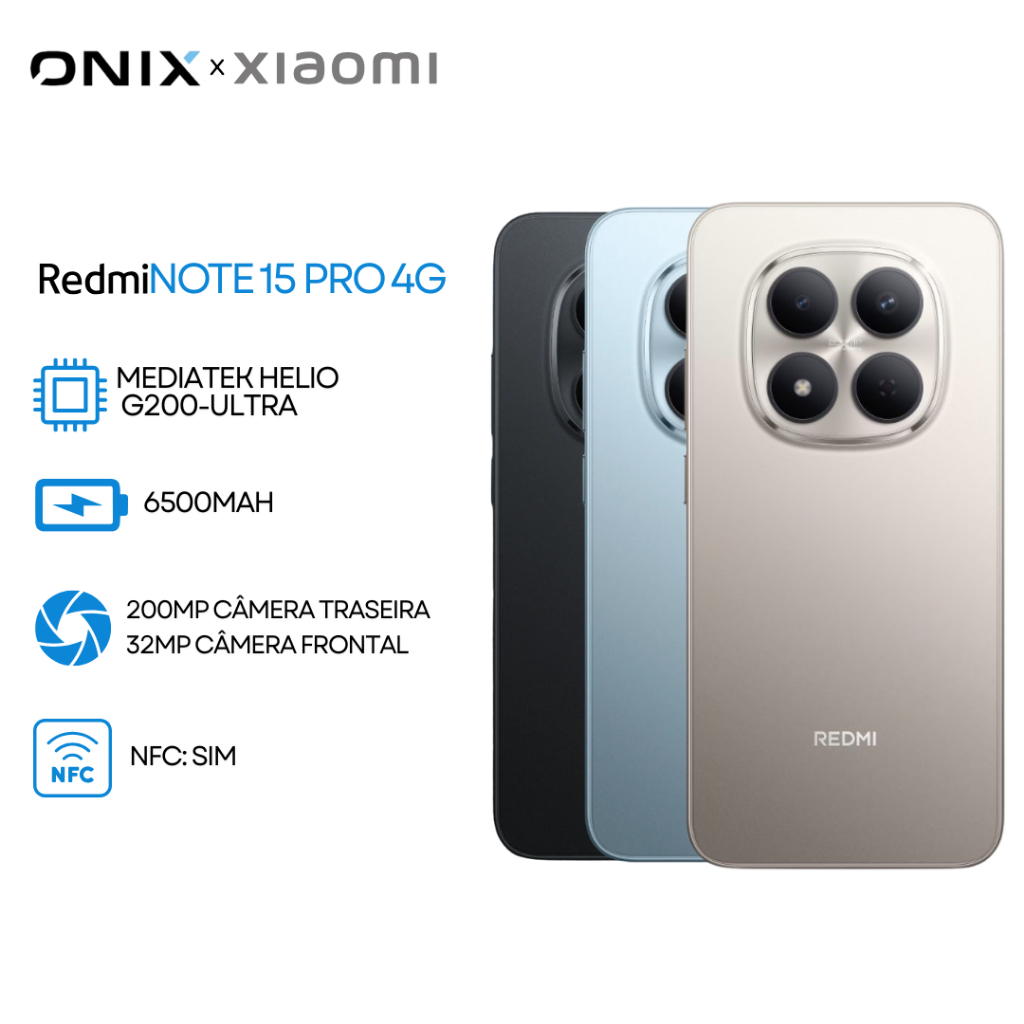 Xiaomi Redmi Note 15 Pro 4G,Versão Global 256/512GB e 8/12GB RAM, MediaTek Helio G200-Ultra, Câmera 200MP