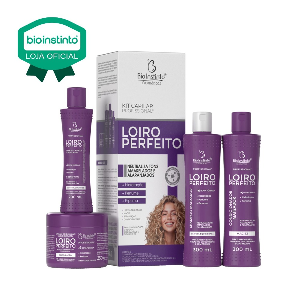 01 KIT LOIRO PERFEITO Bio Instinto 4 Itens Neutralizante Hidratação Intensa Brilho Salão Beleza
