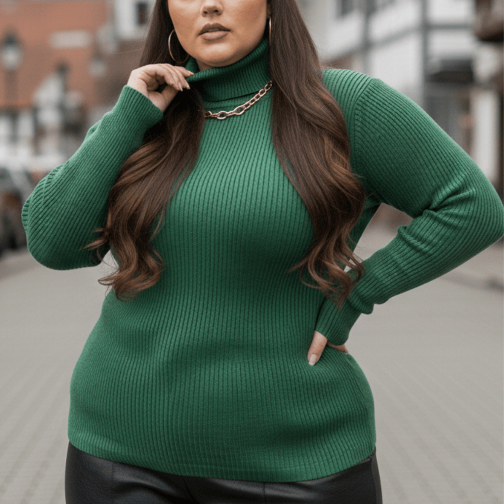 Blusa Cacharrel Plus Size Gola Alta Canelada Tricot Manga Longa Básica Inverno Casual Elegante